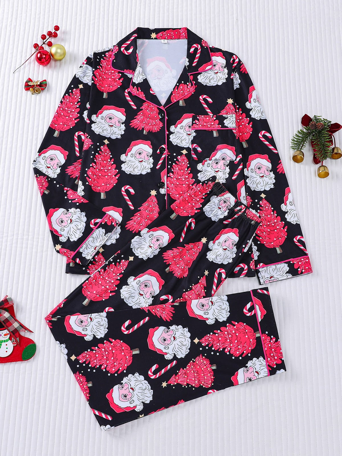 Women’s Pajama Set, Long Sleeve, Christmas Motif, Notched Collar