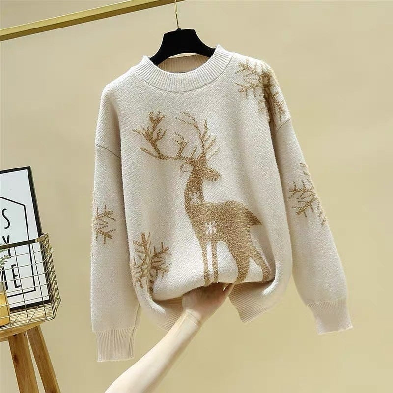 Christmas knitted sweater with reindeer motif, stand-up collar