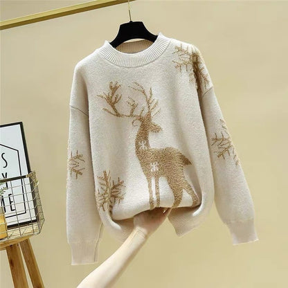 Christmas knitted sweater with reindeer motif, stand-up collar