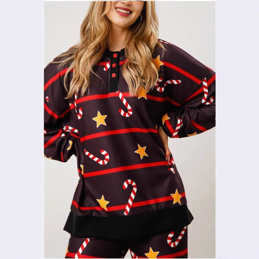 Women’s house suit, long-sleeved, with button placket and print