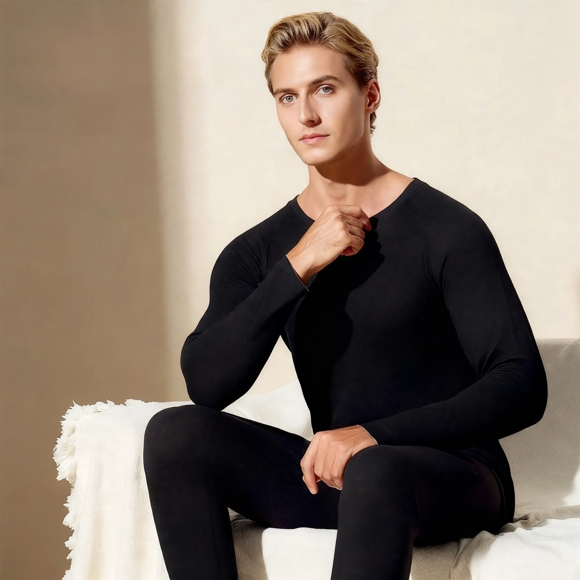 Men's thermal underwear set with wool and silk