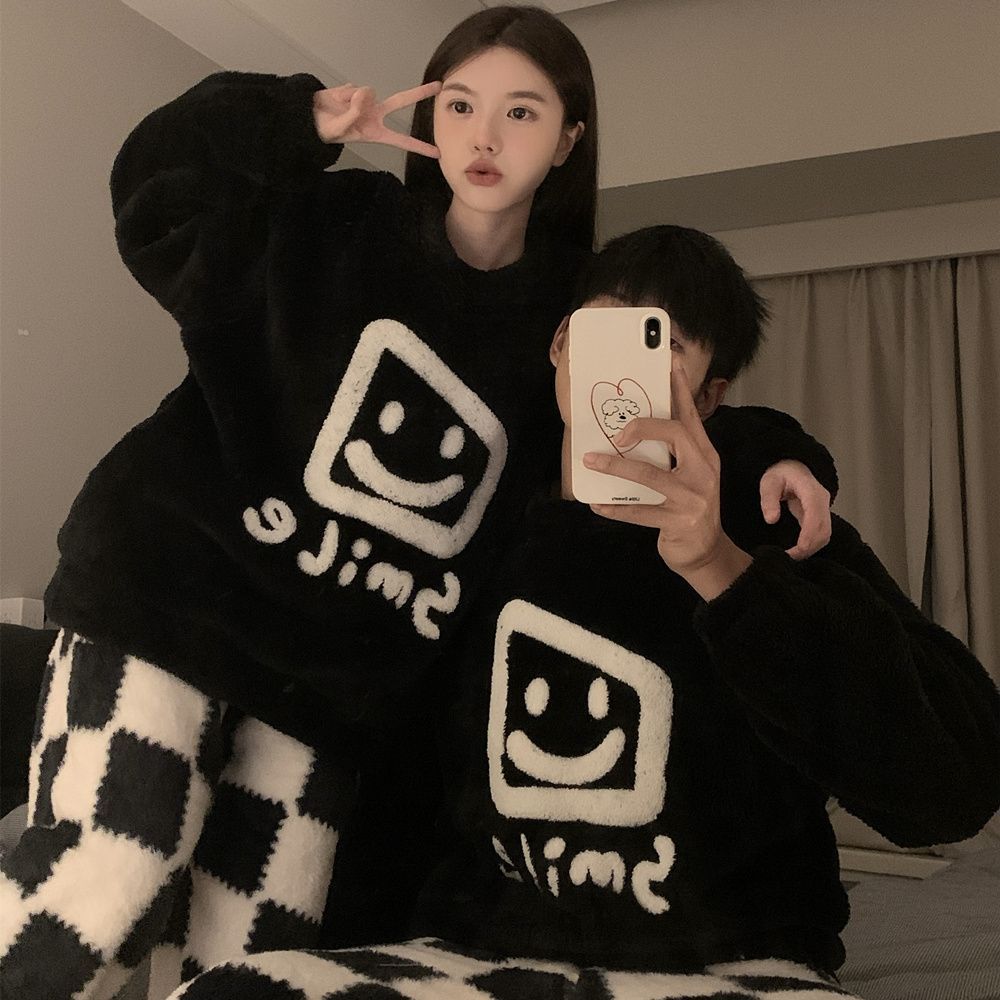 Pair Pajamas, Winter, Coral Fleece, Lined, Cartoon