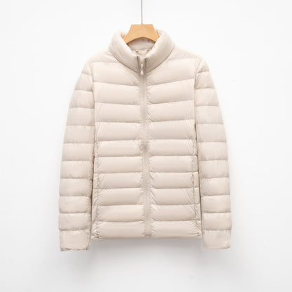 Light women's down jacket, stand-up collar, slim fit