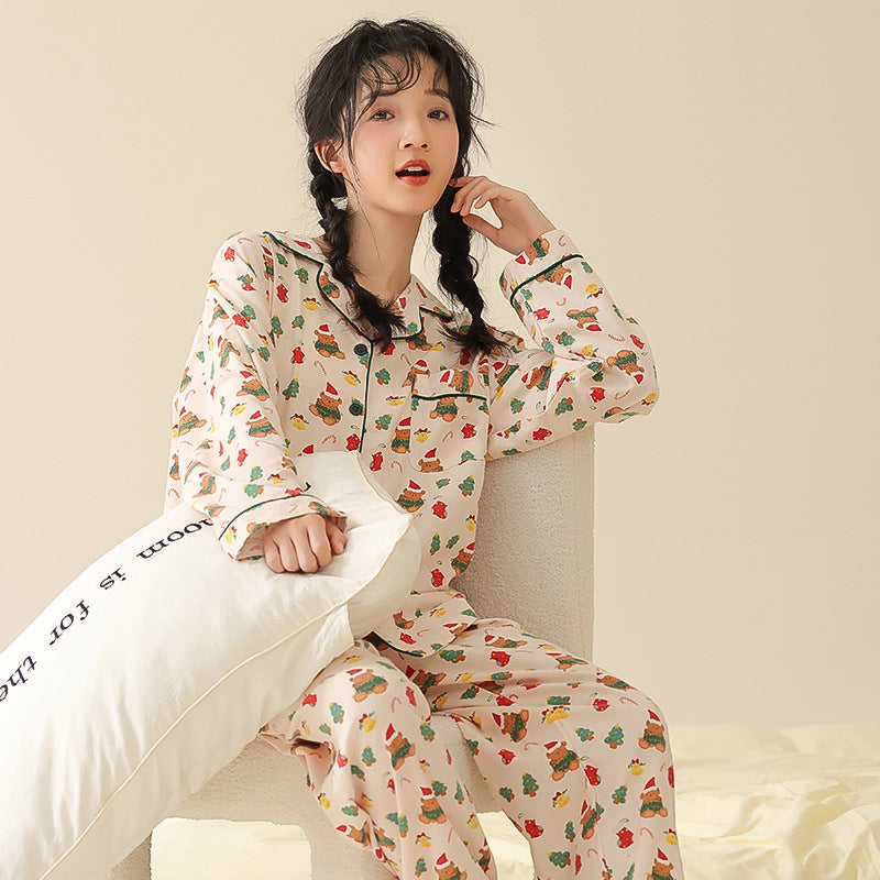Women's cotton pajamas, long-sleeved, with shawl collar