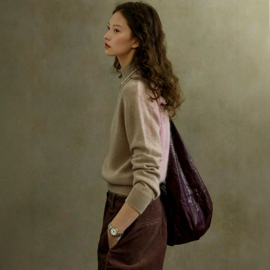 Women's wool sweater with stand-up collar, loosely knitted