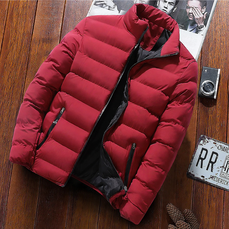 Padded men's quilted jacket with stand-up collar for outdoor activities