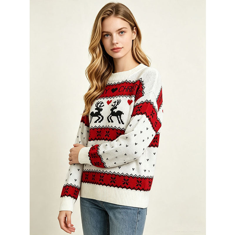 Loose Women's Christmas Sweater with Reindeer Jacquard