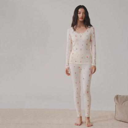Women's Thermal Set, Cotton, Crew Neck, Printed