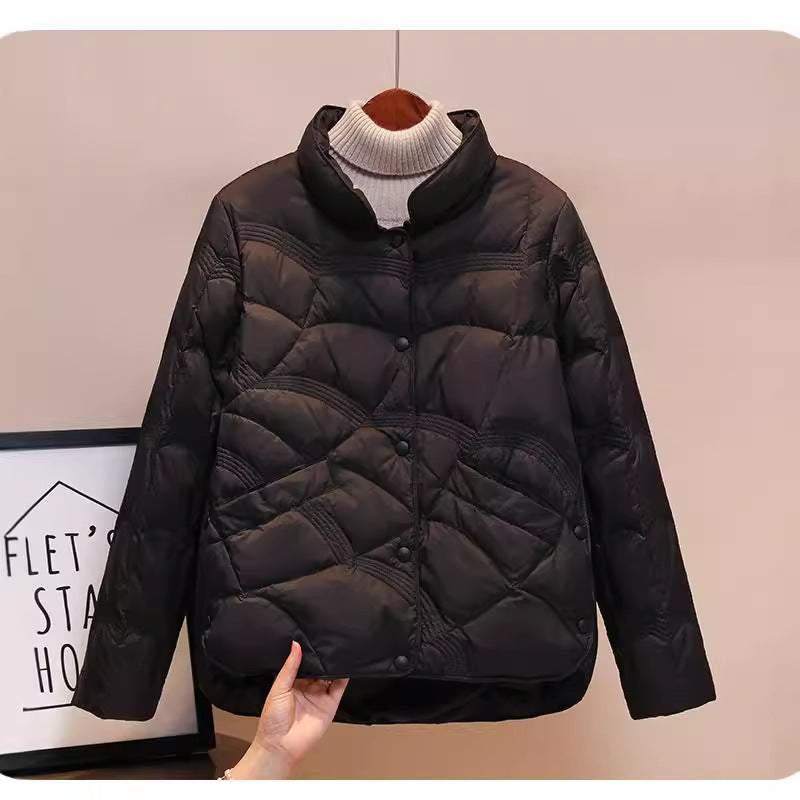 Short women's down jacket with standing collar