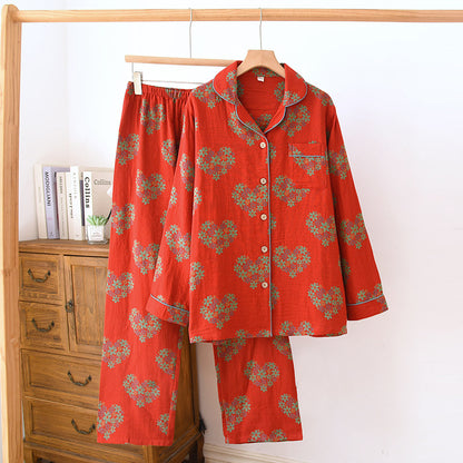 Cotton pajamas, long-sleeved, button placket, women's