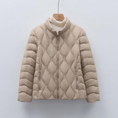 Light women's down jacket with stand-up collar and wave pattern