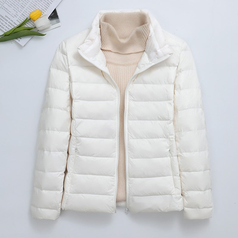 Light women's padded jacket, short, with hood
