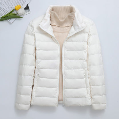 Light women's padded jacket, short, with hood