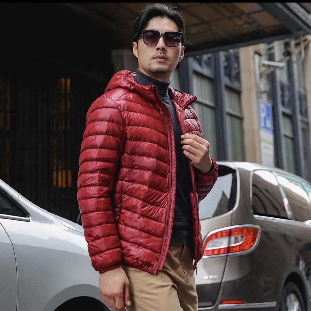 Men's down jacket, short, slim fit, with white duck down