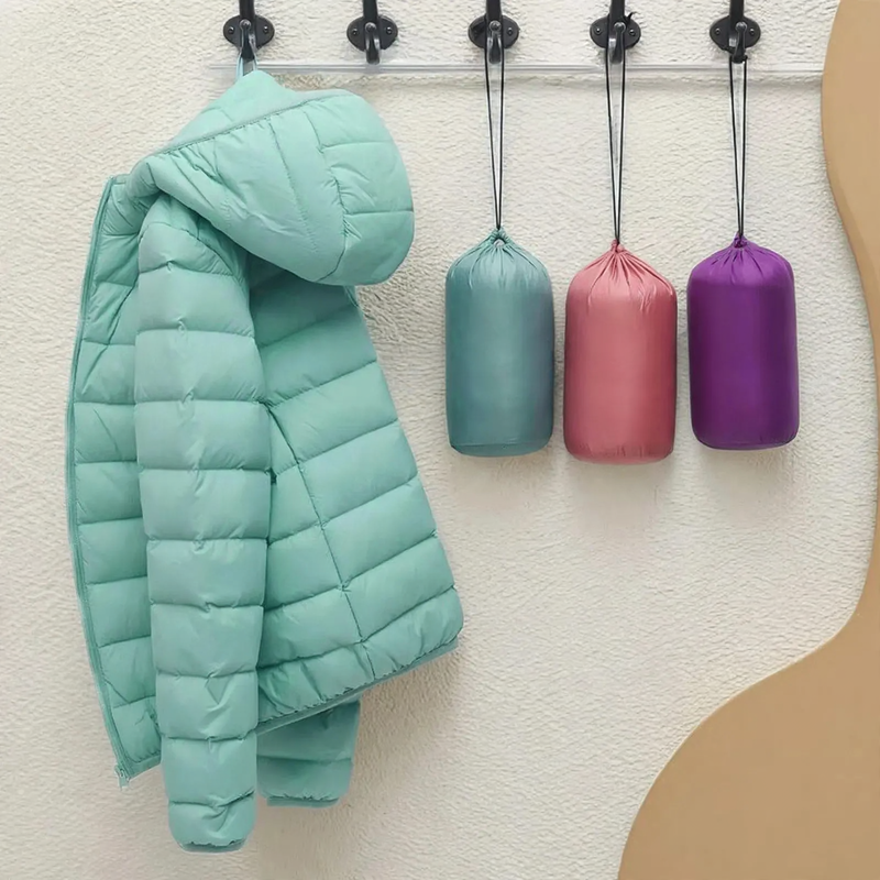 Light women's padded jacket, short, with hood