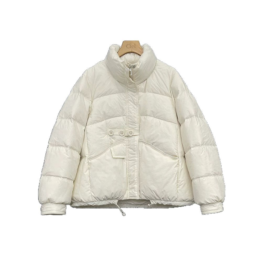 Short women's down jacket, stand-up collar, white duck down