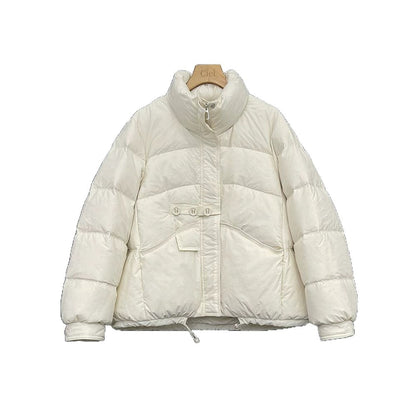 Short women's down jacket, stand-up collar, white duck down