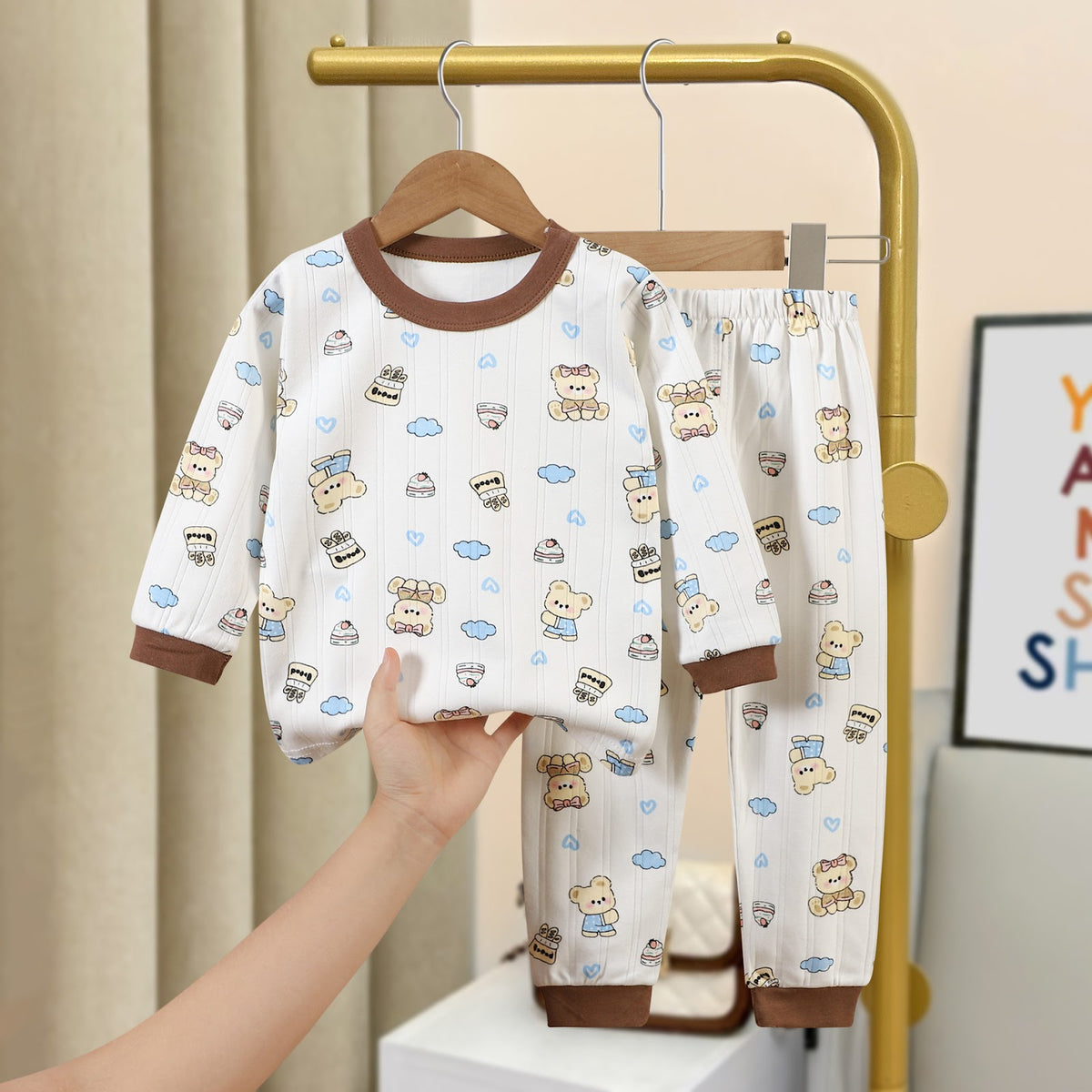 Children's cotton pajama set with jacquard pattern