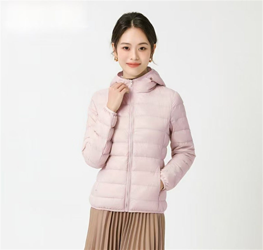 Women's down jacket, short, with hood, light and warm