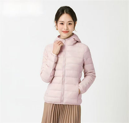 Women's down jacket, short, with hood, light and warm
