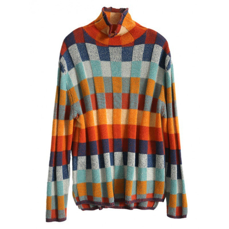 Women's knitted sweater, chessboard pattern, turtleneck