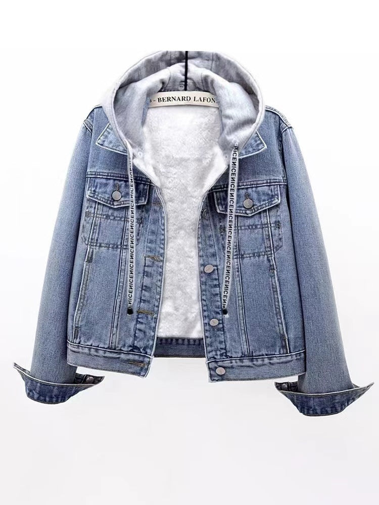 Padded women's jeans jacket with detachable hood
