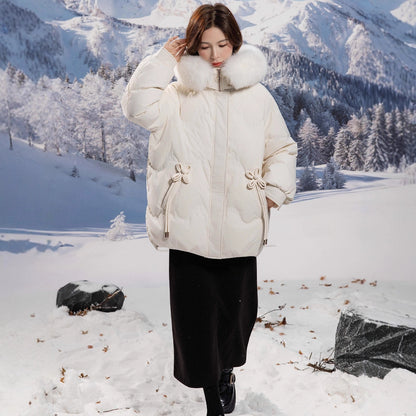 Oversized down jacket for women, mid-length, white duck down