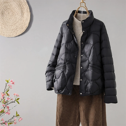 Light short down jacket for women with stand-up collar