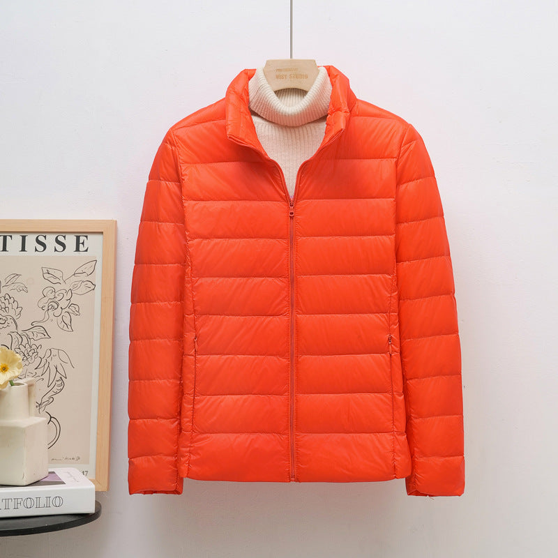 Women’s down jacket, lightweight, stand collar, short