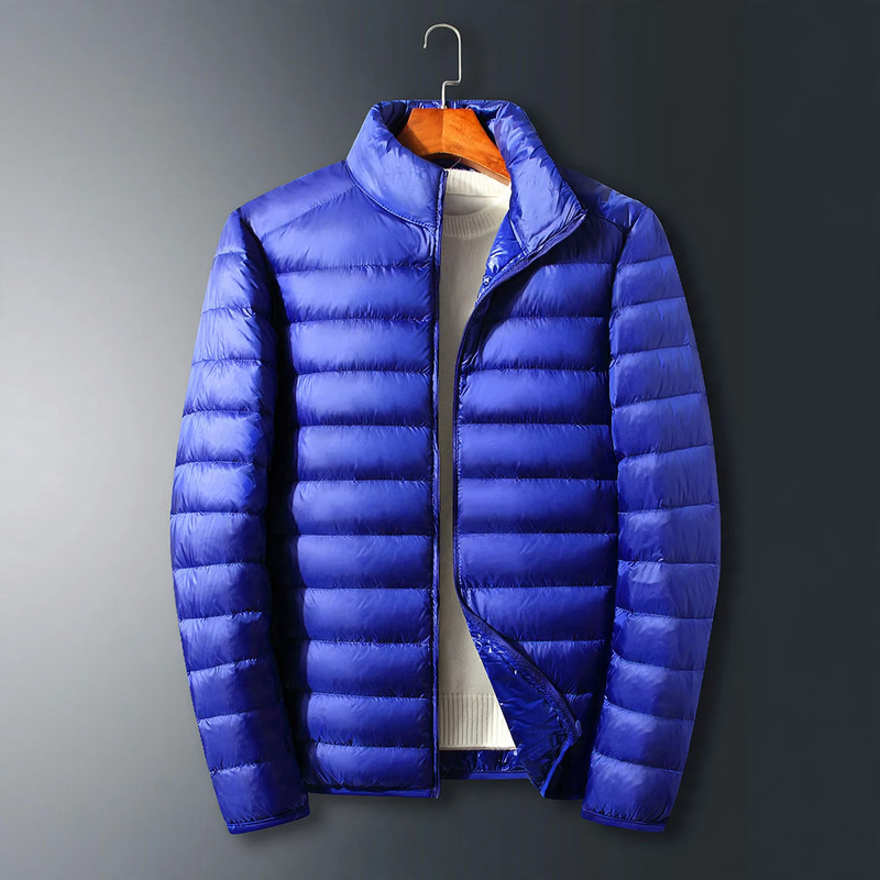 Lightweight men's down jacket with hood, white duck down lining