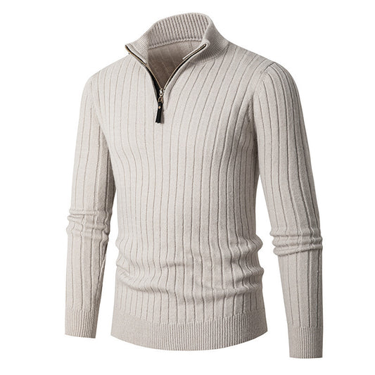 Men's knit sweater with zip and half-rolled collar