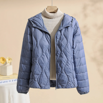 Lightweight, thin down jacket with hood for women