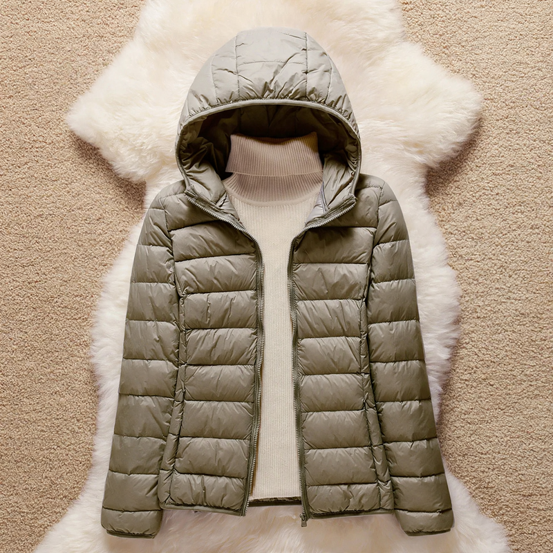 Light women's down jacket with hood and stand-up collar