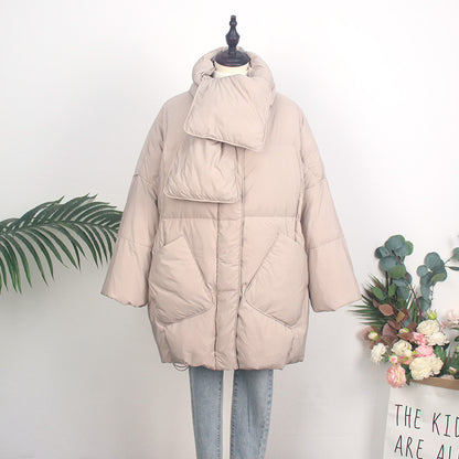 Women's down coat with scarf, medium length, loose fit