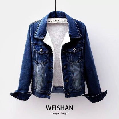 Padded denim jacket for women, short, with faux fur collar