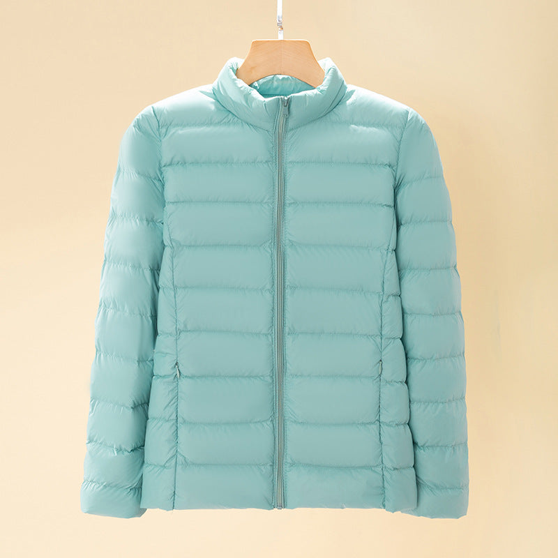Short women's down jacket with standing collar