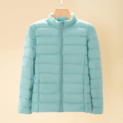 Short women's down jacket with stand-up collar