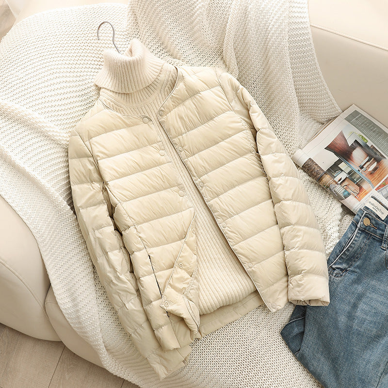 Light women's down jacket, short, with duck down