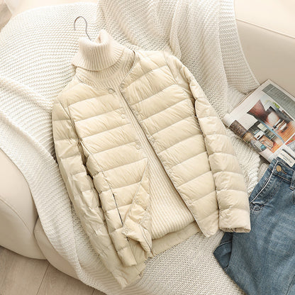 Light women's down jacket, short, with duck down