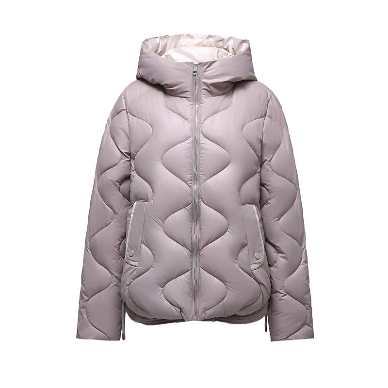 Short women's quilted jacket, glossy, with hood
