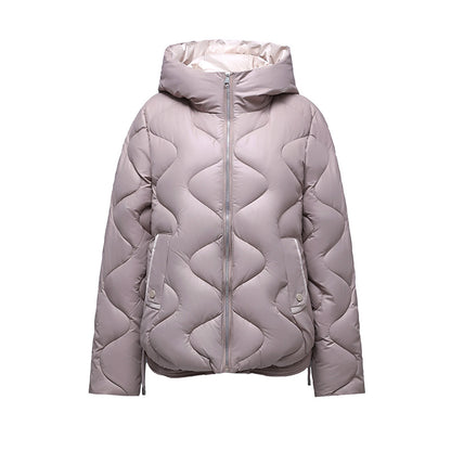 Short women's quilted jacket, glossy, with hood