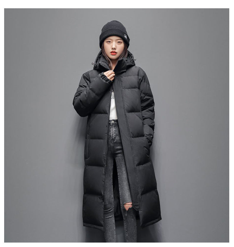 Long women's down coat, knee-length, padded, for winter