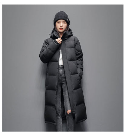 Long women's down coat, knee-length, padded, for winter
