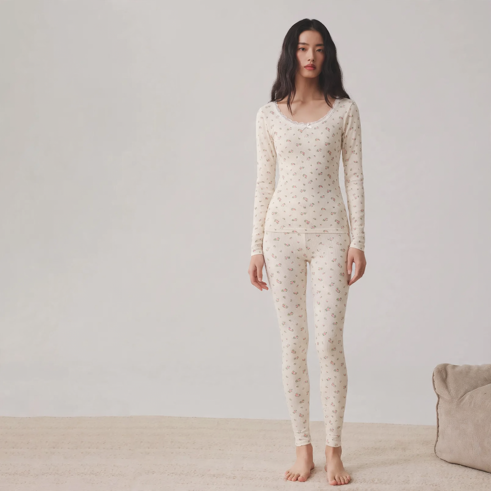 Women's Thermal Set, Cotton, Crew Neck, Printed