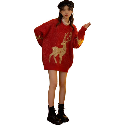 Christmas sweater, round neck, reindeer motif, knitted