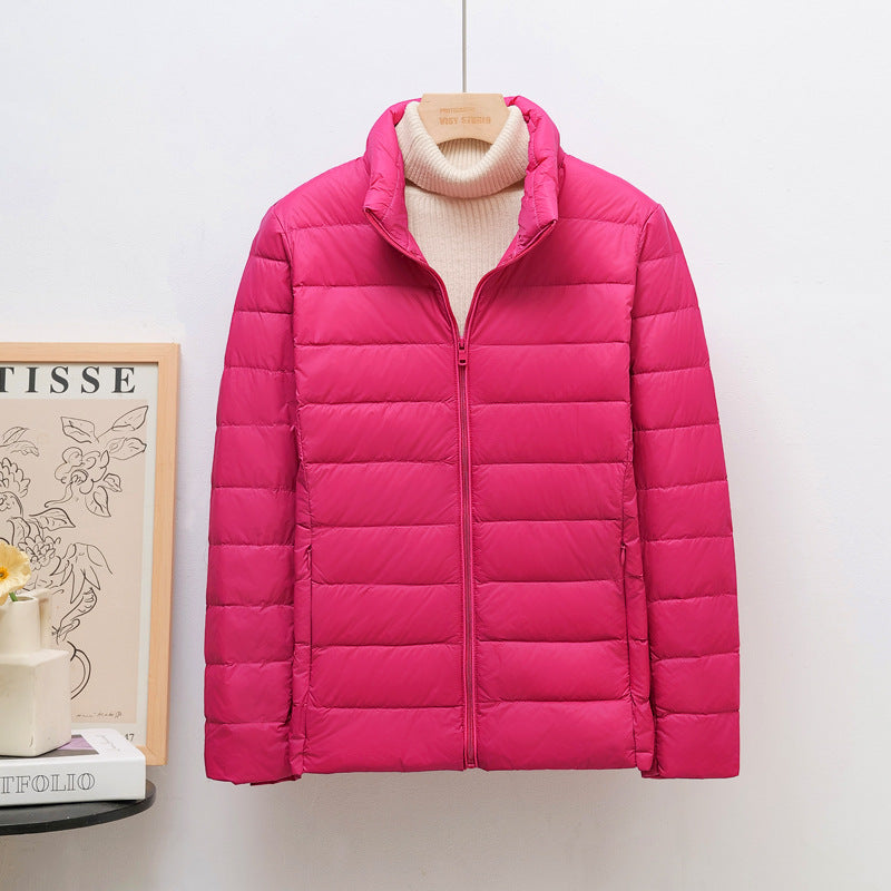 Women’s down jacket, lightweight, stand collar, short