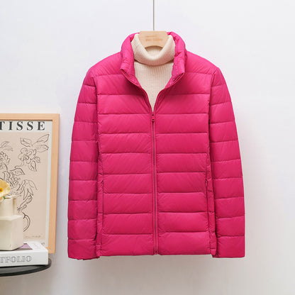 Women’s down jacket, lightweight, stand collar, short
