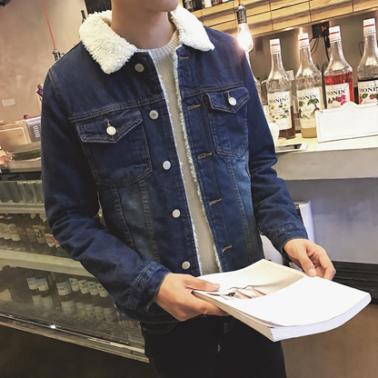 Men's denim jacket with lamb fleece lining, lined