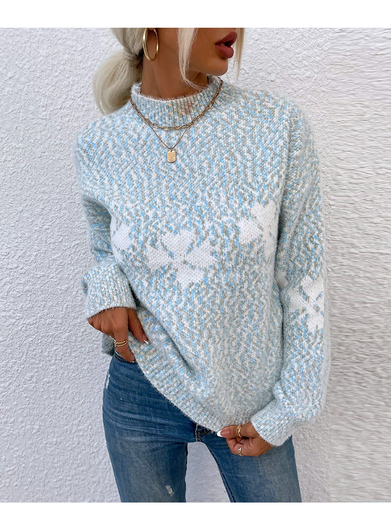 Christmas sweater with snowflake pattern and stand-up collar
