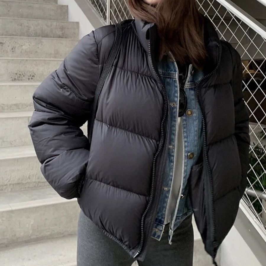 Women’s down jacket, short, white duck down, stand-up collar